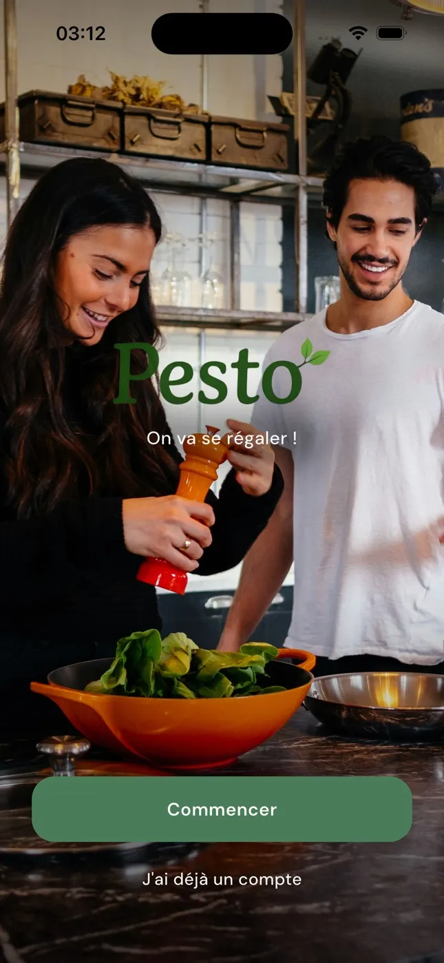 Écran d'accueil de l'app Pesto : « On va se régaler ! »