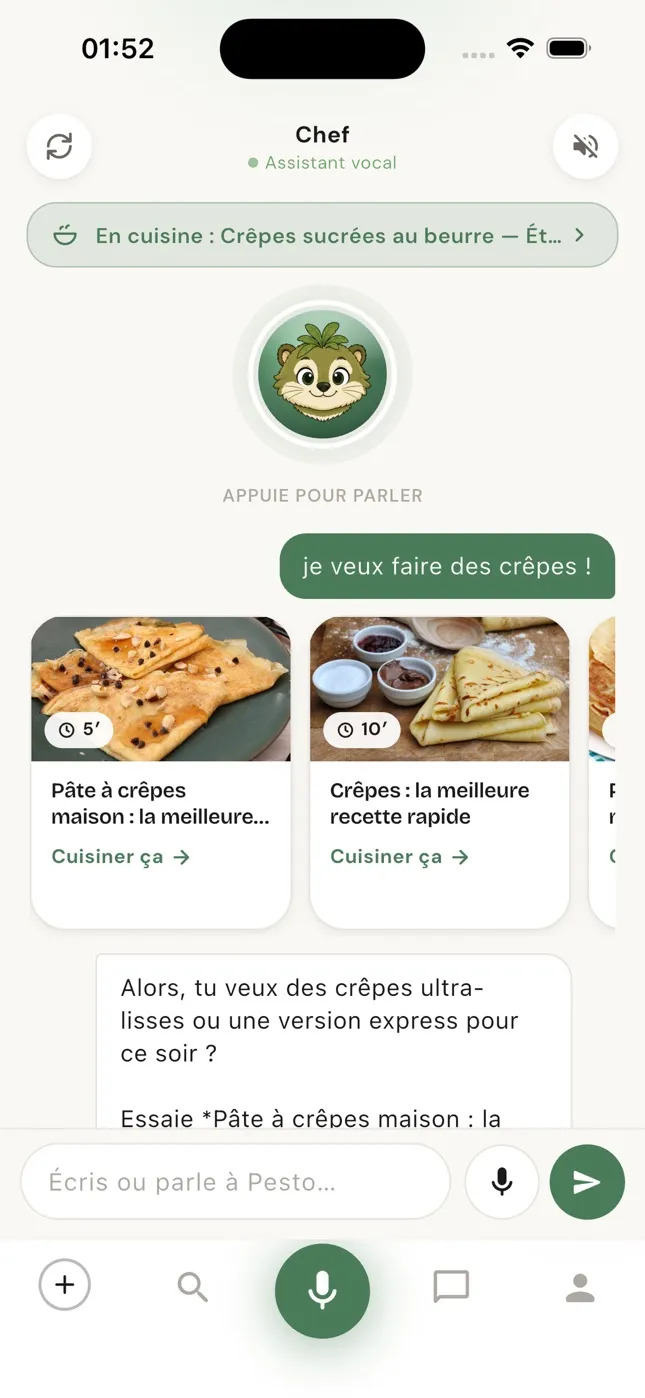 Assistant vocal : « je veux faire des crêpes ! » et deux recettes proposées