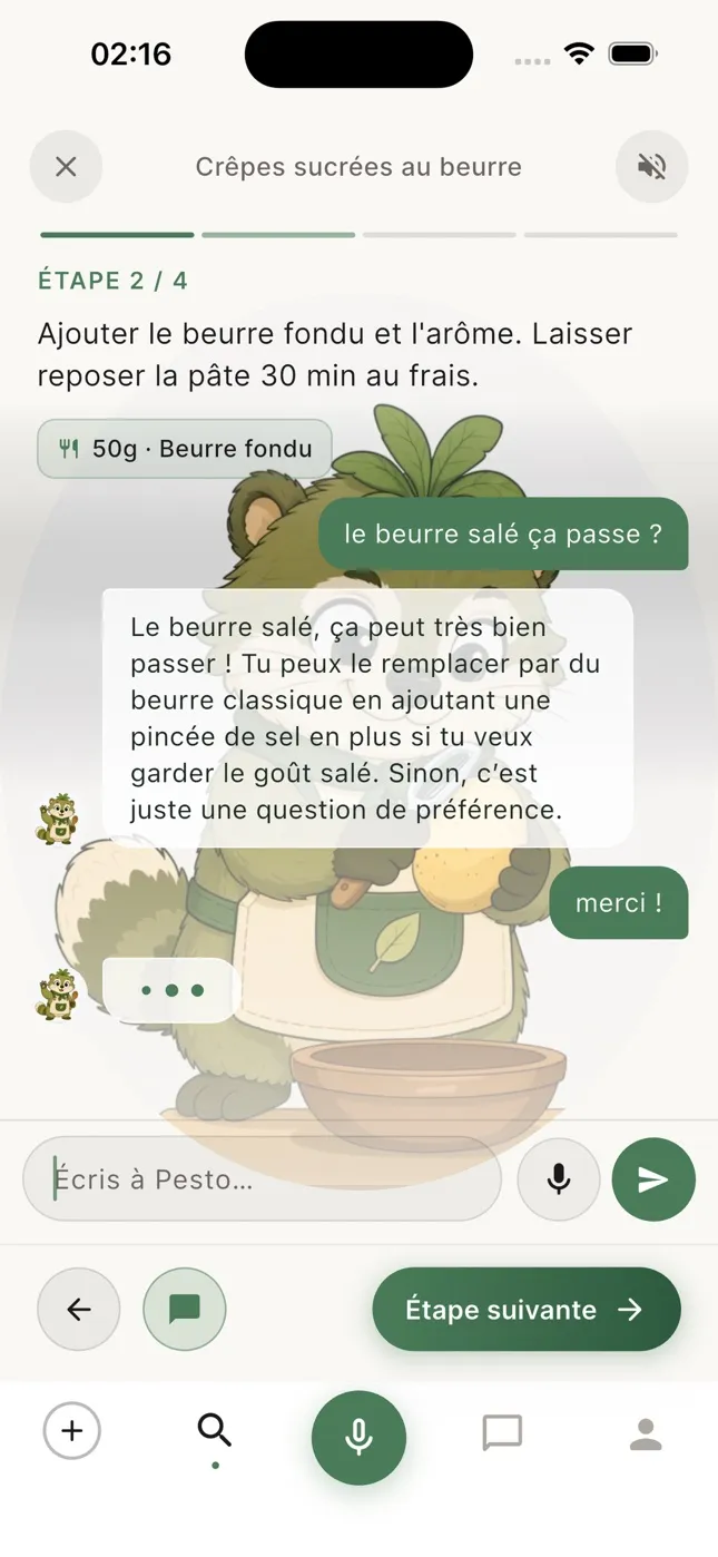 Mode cuisine guidé, étape 2 sur 4, avec une question posée à Pesto