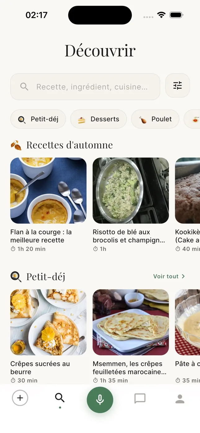 Écran Découvrir : recherche, catégories et recettes d'automne
